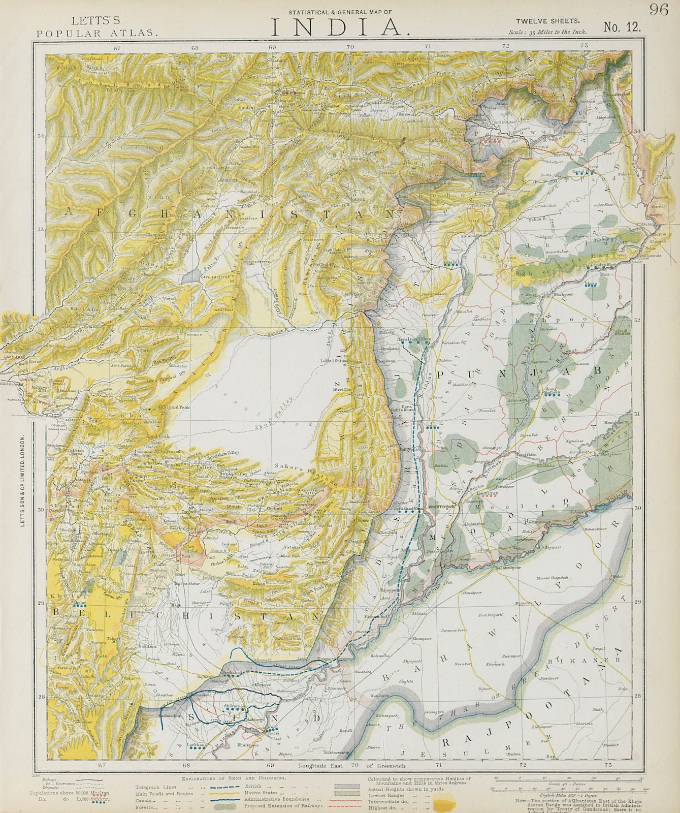 PAKISTAN & AFGHANISTAN. Punjab Beluchistan Sinde. British India. LETTS 1884 map
